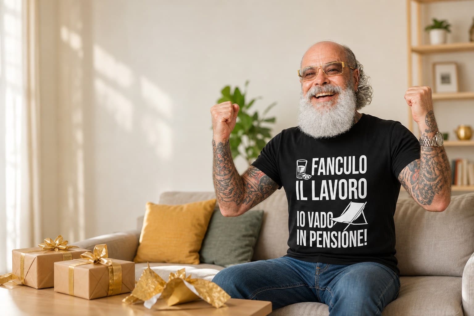 Uomo con maglietta con scritta Vado in pensione