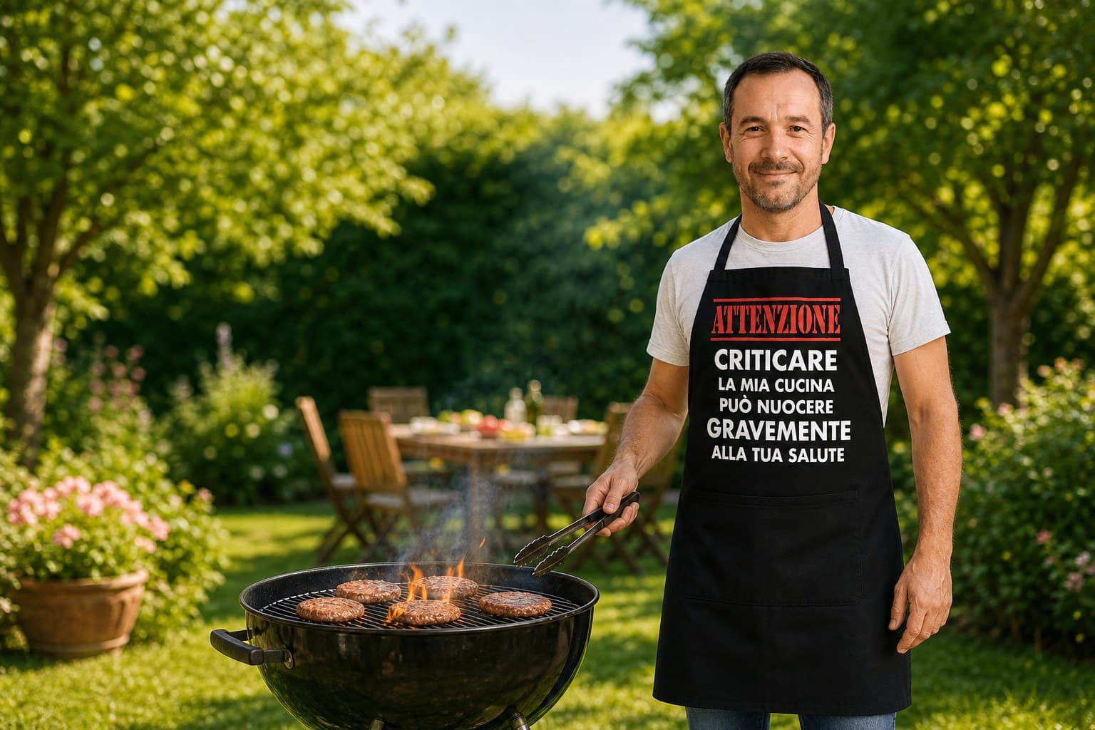 Persona alla griglia con grembiule con scritta Non criticare la mia cucina